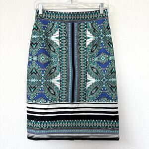 ANTONIO MELANI Pencil Skirt Blue Geometric Print Cotton Lined Size 2 Chic